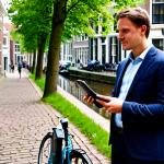 A professional, diverse person in a modest business casual outfit, standing on a charming canal-side street in a Dutch city, resembling Amsterdam or Utrecht. The person is holding a sleek, modern portable air quality monitor, looking at its digital display with a thoughtful and engaged expression. In the background, historic brick buildings with characteristic gabled roofs line the canal, with bicycles parked neatly along the street. The scene is illuminated by natural daylight, emphasizing clarity and a clean urban environment. The image conveys personal awareness and control over unseen environmental factors. Safe for work, appropriate content, fully clothed, professional, perfect anatomy, correct proportions, natural pose, well-formed hands, proper finger count, natural body proportions, professional photography, high quality, family-friendly.