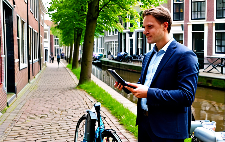 A professional, diverse person in a modest business casual outfit, standing on a charming canal-side street in a Dutch city, resembling Amsterdam or Utrecht. The person is holding a sleek, modern portable air quality monitor, looking at its digital display with a thoughtful and engaged expression. In the background, historic brick buildings with characteristic gabled roofs line the canal, with bicycles parked neatly along the street. The scene is illuminated by natural daylight, emphasizing clarity and a clean urban environment. The image conveys personal awareness and control over unseen environmental factors. Safe for work, appropriate content, fully clothed, professional, perfect anatomy, correct proportions, natural pose, well-formed hands, proper finger count, natural body proportions, professional photography, high quality, family-friendly.